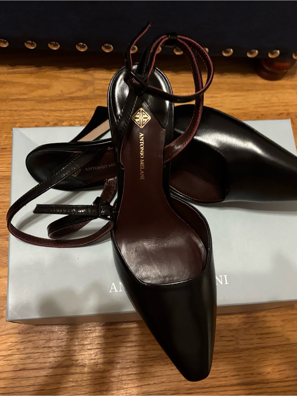 ANTONIO MELANI Black Pointed-Toe Ankle-Strap Pumps Beautiful Dress Shoes